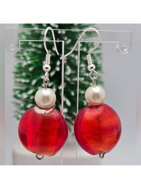 ✨2/$10✨ Handmade Red Glass & Faux Pearl Earrings Sterling Silver Hooks